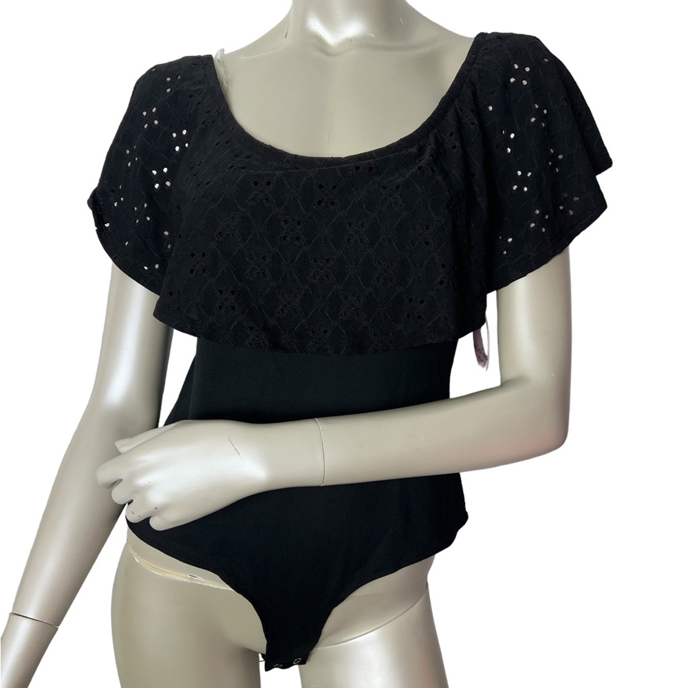 Full Circle Trends brand Black Eyelet Scoop Neck or off the shoulder body suit.